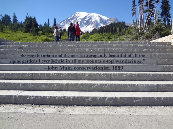 Engraved stairs leading to a very steep path up to Mount Rainier 
