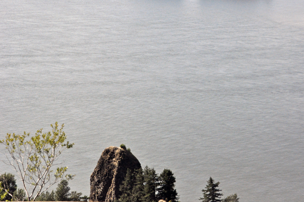 zoomed in view of Rooster Rock from Vista House