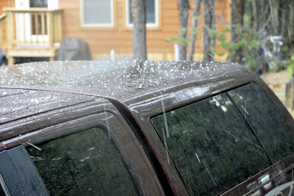 hail bouncing off the two RV Gypsies' toad