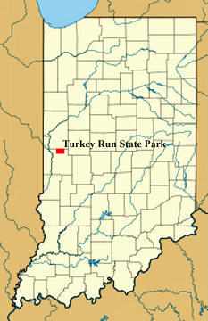 map of Indiana showing location of Turkey Run State Park