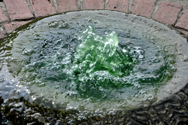 A water fountain with green water bubbling over
