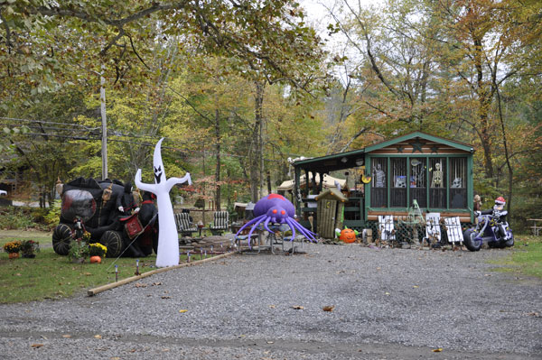Halloween decorations at a cabin in the campground