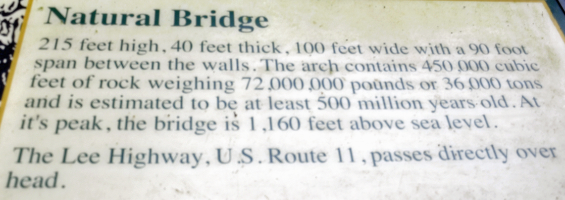 sign about height and weight of The Natural Bridge
