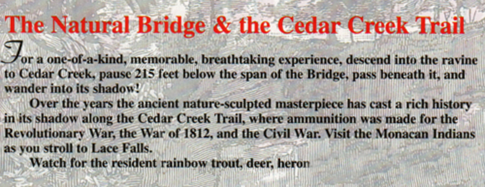 sign about The Natural Bridge and Cedar Creek Trail