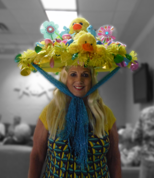 Karen Duquette in her Easter bonnet