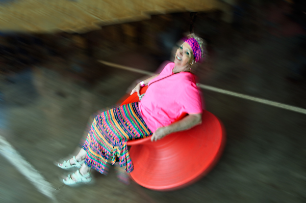 Karen Duquette had fun sitting in the spinning chair
