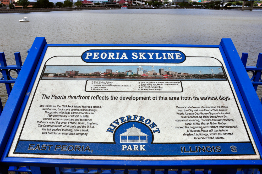 sign about the Peoria Skyline and riverfront