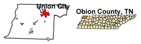 Tennessee map showing location of Union City in Obion County TN