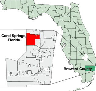 map of Florida showing location of Coral Springs