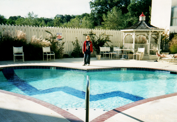 Karen Duquette at the heart-shaped pool 