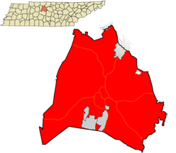 map of the state of Tennesse showing location of Nashville and its county