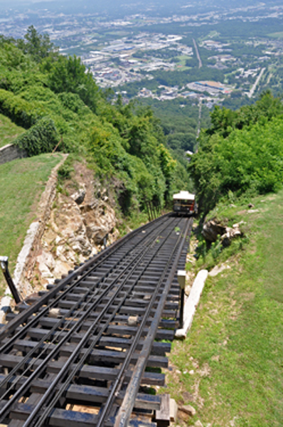 the cable car starts back down the steep incline.