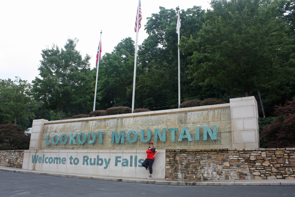 Karen Duquette by the Ruby Falls sign