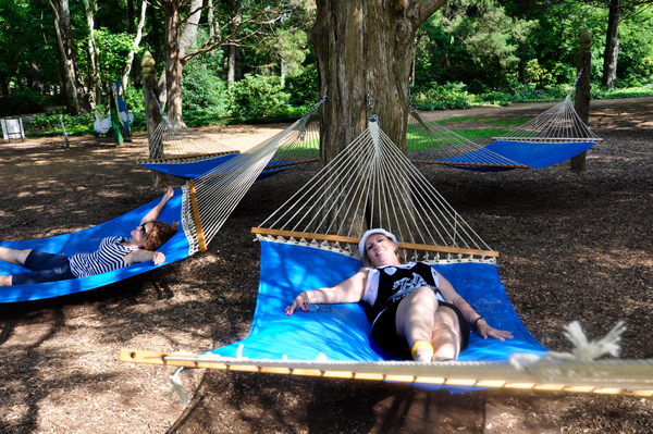 Karen and Ilse relax in  hammocks