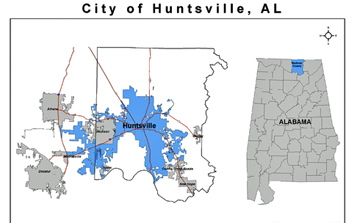 USA state of Alabama map showing location of Huntsville
