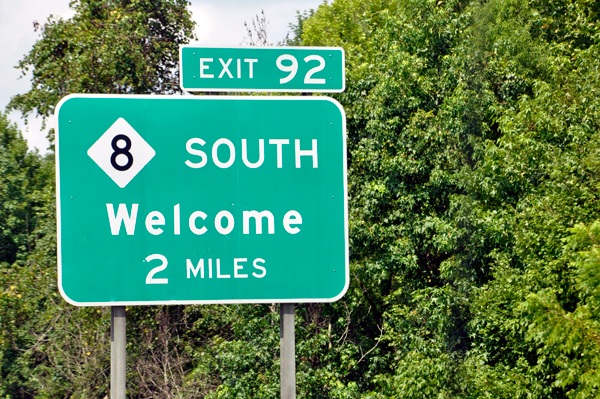sign: take exit 92 to Welcome, North Caroliina