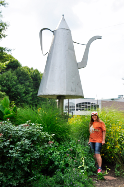 Karen Duquette and The big coffee pot in Winston-Salem, N.C.