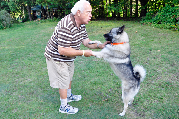 Lee Duquette was greeted by a friendly Norwegian Elkhound