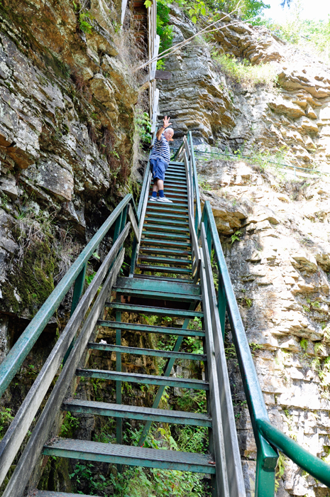 Lee Duquette on steep stairs at Ausable Chasm