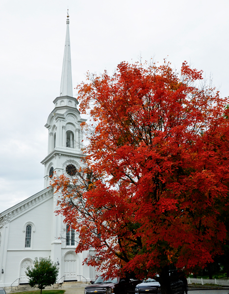fall foliage and a church