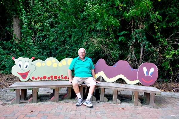 Lee Duquette enjoys the catepillar bench