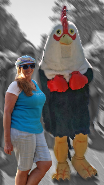 Karen Duquette and a big chicken