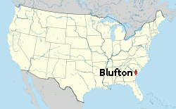 USA map showing location of Blufton, SC