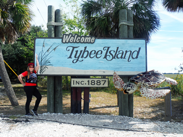 Karen Duquette at the Weloome to Tybee Island Sign in 2014