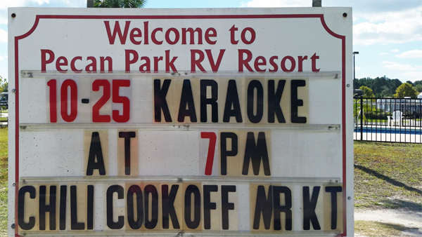 welcome to Peacan Park RV Resort & Chili Cook-off sign