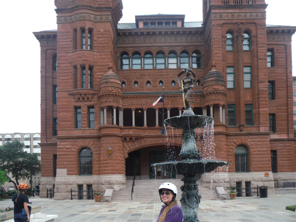 Lady Justice Fountain, the courthouse, Karen and Alex