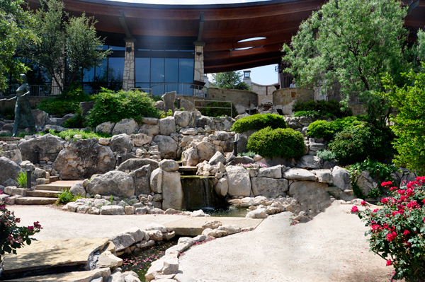 Visitor Center, sculpture and waterfall