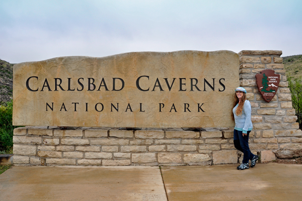 Karen Duquette at Carlsbad Caverns National Park entrance