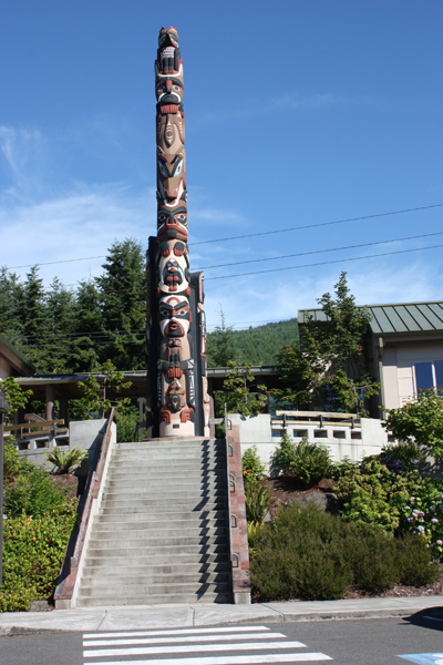 big totem pole and lots of stairs