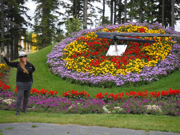 Karen Duquette and the flower clock at International Peace Garden