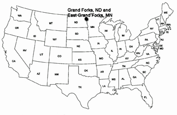 USA map showing Grand Forks and East Grand Forks