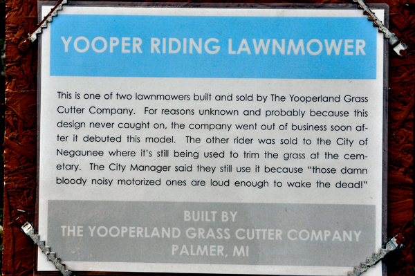sign about the Yooper Riding Lawnmower