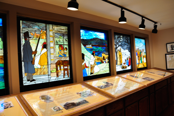 stained glass display inside the Interpretive Center
