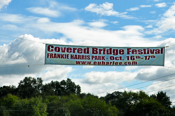 sign about the covered bridge festival