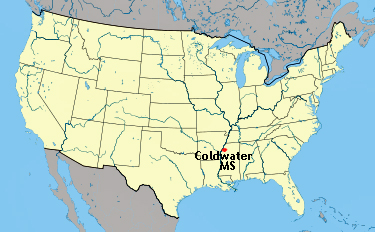 USA map showing location of Coldwater, Mississippi