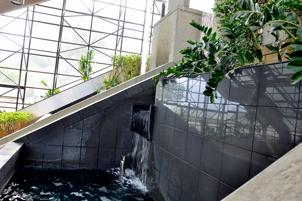 A waterfall as seen from the escalator.