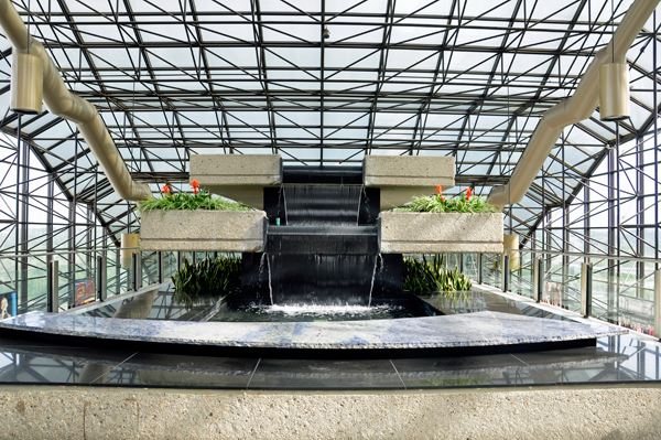 glass atrium and waterfall