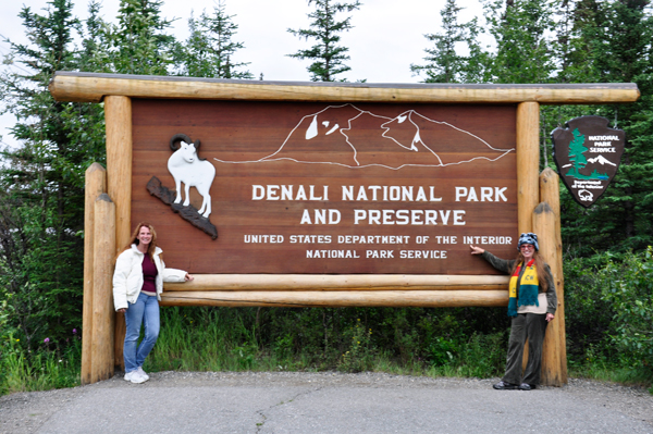 Karen Duquette and sister at Denali NP sign