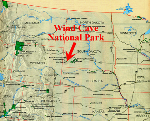 map showing location of Wind Cave National Park
