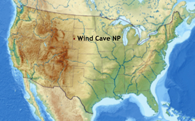 USA map showing lcoation of Wind Cave National Park