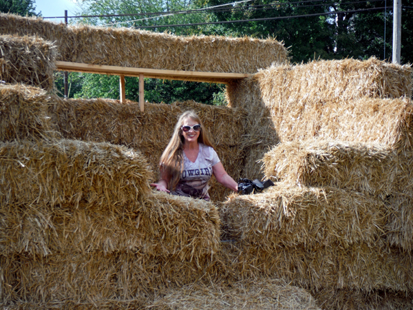 Karen Duquette inside the hay train