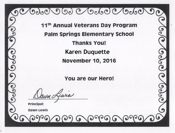 Karen Duquette's Veteran certificate