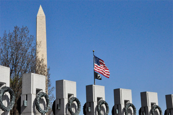 Washington Monument, USA flag, POW flag