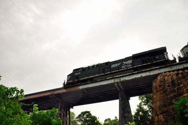 A train on the railroad trestle