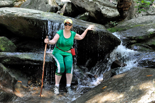 Karen Duquette getting soaked at Catawba Falls