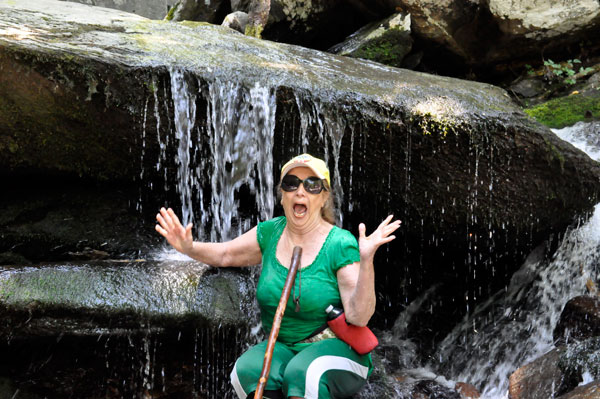 Karen Duquette getting soaked at Catawba Falls